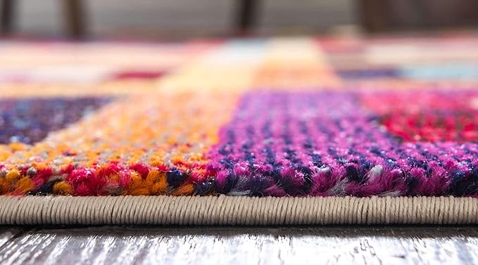 Unique Loom Estrella Collection Colorful, Geometric, Squares Modern, Abstract Area Rug (6' 0 x 6' 0 Round, Multi/Beige)