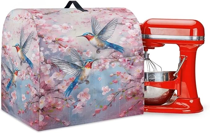 Kitchen Aid Mixer Cover Hummingbird Flower Dust Cover with Pockets and Handle, Pink, Waterproof, Polyester, Fits Most Stand Mixers