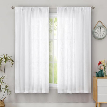 Simplebrand White Semi Sheer Faux Linen Textured Curtains 54 Inch Length 2 Panels Set, Rod Pocket Farmhouse Short Curtain Drapes for Dinning Small Windows Bathroom Bedroom, Each 40Wx54L in, White