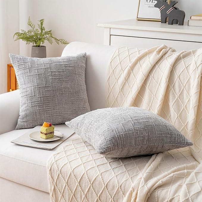 Decorative Throw Pillow Covers 16x16 Inch Set of 2, Soft Solid Farmhouse Chenille Couch Pillows, Spring Pillow Covers for Couch Sofa Bed Living Room Home Decor Pillowcase, Light Gray