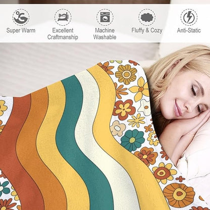 70s Retro Floral Throw Blanket, Boho Groovy Wavy Geometric Hippie Cute Flowers Yellow Orange Abstract Print Blanket for Holiday Theme Home Decor Bedding Couch and Gift 60"x80"