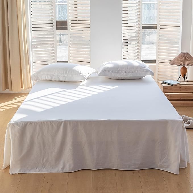 BISELINA French Linen Bed Skirt with Pleated Corner 18-Inch Tailored Drop Natural Flax Cotton Blend Basic Dust Ruffle Soft Cozy Farmhouse Bedding (18" Queen, Basic White)