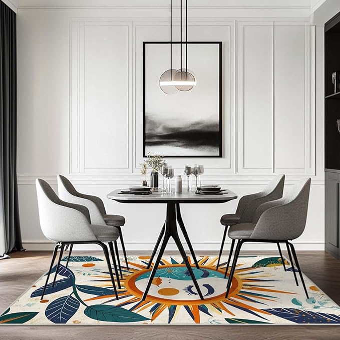 6x9 Sun and Moon Area Rug Leaf Orange Yellow Blue Beige Rug Non Slip Low Pile Large Carpet for Home Kitchen Living Room Bedroom Dining Room Office