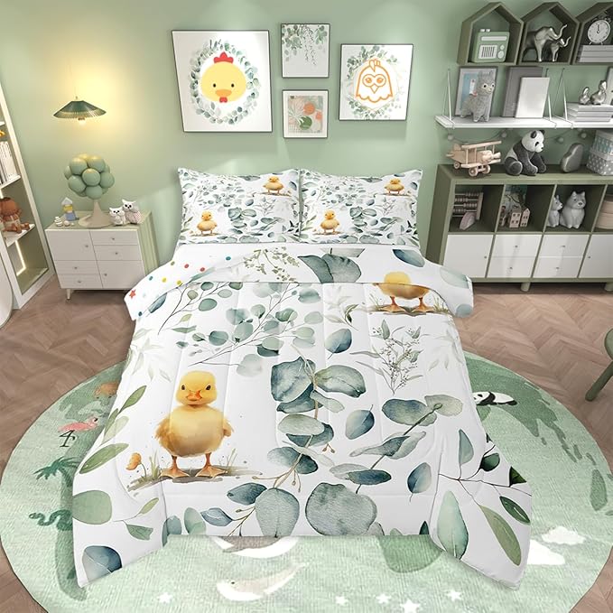 Erosebridal Kids Cute Animal Bedding Queen Size for Girls Boys Cartoon Duck Comforter Set Queen, Spring Eucalyptus Duvet Insert Leaves Quilt Set, Kawaii Farm Animal Bedding Comforters & Sets