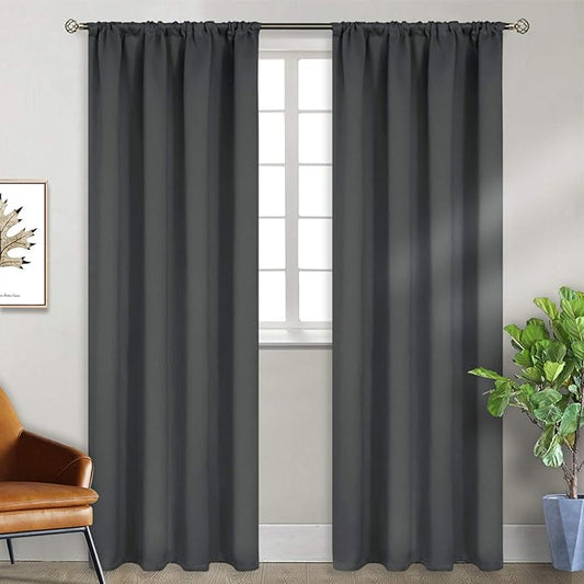 BGment Dark Grey Blackout Curtains 90 Inches Length - Rod Pocket Room Darkening Window Drapes for Bedroom Living Room Office, 2 Panels, 52 x 90 Inch