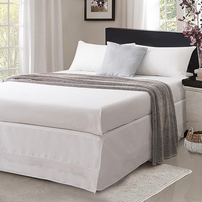 Valea Home Bed Skirt with Stitch on White Dust Ruffle with Split Corner, Durable Elegant Luxury Queen 14-inch Drop
