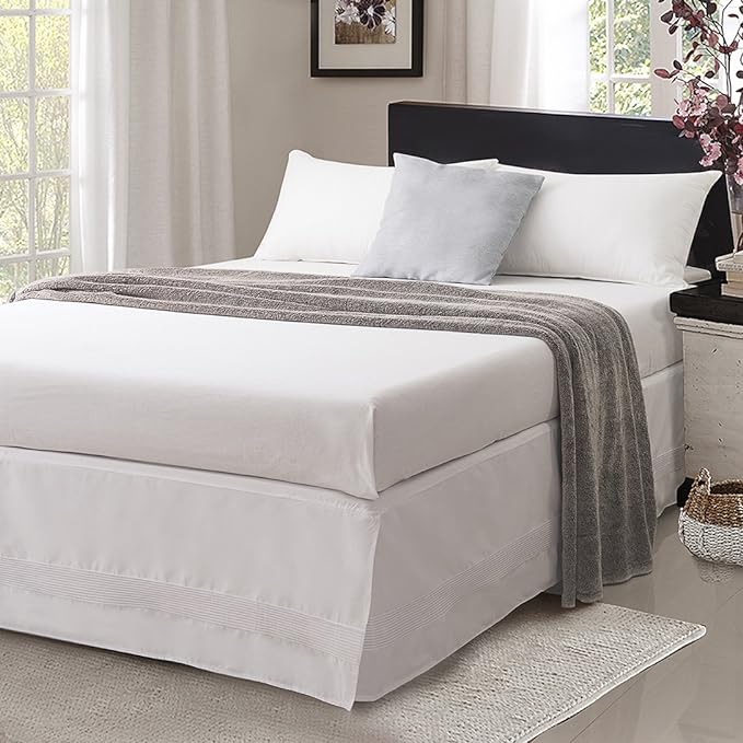 Valea Home Bed Skirt with Stitch on White Dust Ruffle with Split Corners, Durable Elegant Luxury Bedskirt King 14-inch Tailored Drop