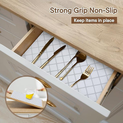 Shelf and Drawer Liner for Kitchen Cabinets Non-Adhesive, Strong Grip Non-Slip Thickened Cabinet Liners for Shelves, Waterproof Mats for Dresser Cupboard, Silver Stripe, 17 in x 10 Feet