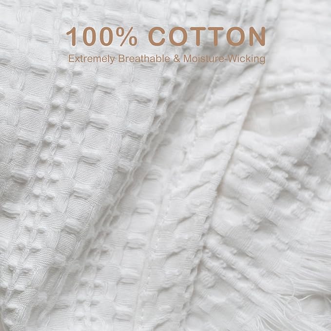 100% Cotton Waffle King Blanket with Fringe 104"x90", Pre-Washed Waffle Weave Blanket for All Season, Lightweight Breathable Soft Cozy Throw Blanket for Couch, Bed, Travel (White)