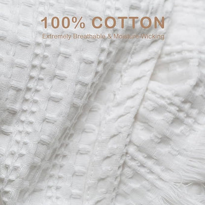 100% Cotton Waffle King Blanket with Fringe 104"x90", Pre-Washed Waffle Weave Blanket for All Season, Lightweight Breathable Soft Cozy Throw Blanket for Couch, Bed, Travel (White)