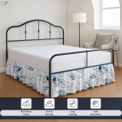 Cottington Lane Ruffled Bed Skirt Full Size with Split Corner, Brushed Microfiber Hotel Quality Dust Ruffle, 15 Inch Drop Gathered Bedskirt, Soft, Stylish, Shrink & Fade Resistant, Blue Blossom