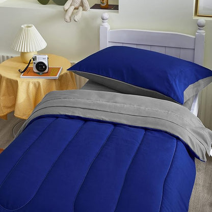 4 Pieces Toddler Bedding Set Ultra Soft and Breathable Toddler Comforter Sheet Set for Autumu and Winter- Includes Warm Comforter, Flat Sheet, Fitted Sheet and Pillowcase - Royal Blue & Gray