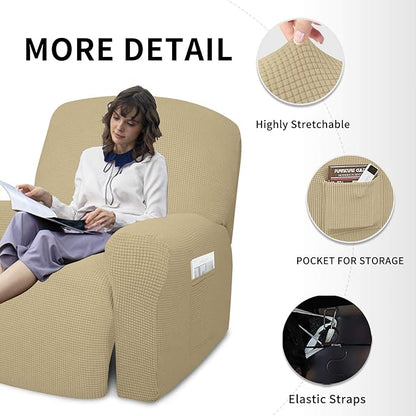 Easy-Going 4 Pieces Oversized Recliner Stretch Sofa Slipcover Sofa Cover Furniture Protector Couch Soft with Elastic Bottom Polyester Spandex Jacquard Fabric Small Checks Beige X-Large