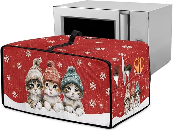 Toaster Oven Cover Dustproof Protective Countertop Convection Oven Cover with Side Pockets for Christmas Holiday Decorations, L, 18.5 x 22.5 x 13 Inches, Cat Snowflake Red