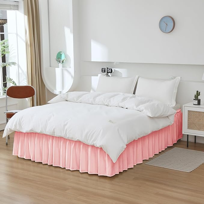MEILA Wrap Around Bed Skirt Three Fabric Sides Elastic Dust Ruffled 24 Inch Tailored Drop,Easy to Install Fade Resistant-Pink, Twin/Full