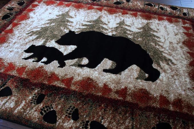 Masada Rugs, Cabin Lodge Area Rug Bear and Cub Scene (5 Feet 3 Inch X 7 Feet)
