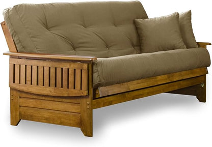 Nirvana Futons Brentwood Tray Arm Futon Sofabed Set - Queen Frame, 8" Thick Khaki Mattress, Rich Heritage Finish