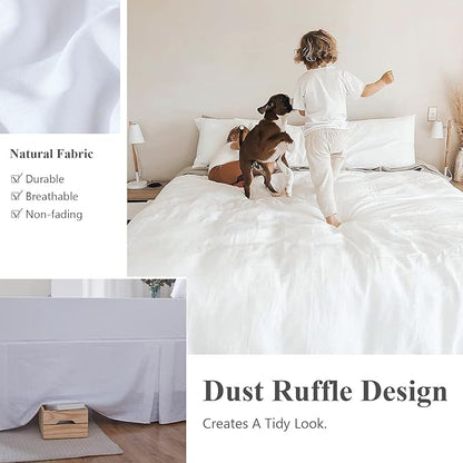 Simple&Opulence Belgian Linen Bed Skirt with Classic 14 inch Tailored Drop Dust Ruffle, Easy Fit Breathable Premium Natural Flax- Basic White, California King