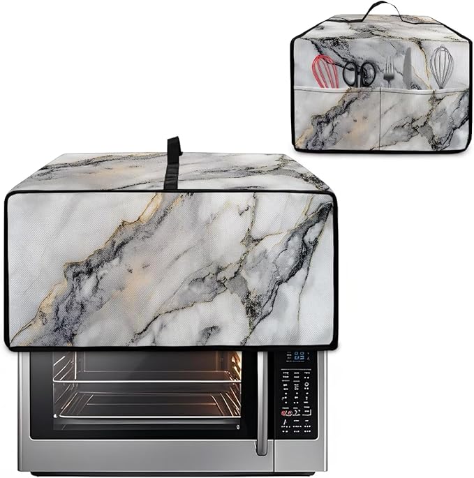 White Marble Texture Print Microwave Oven Dust Cover Sturdy Polyester-Linen Fabric Dust Cover for Microwave Oven Waterproof Universal Kitchen Appliance Protector, S
