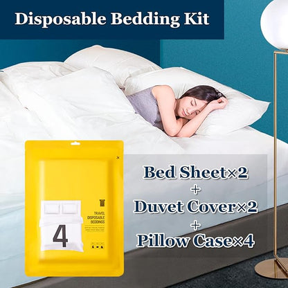 Extguds Disposable Travel Set : Bed Sheet×2+Duvet Cover×2+Pillow case×4+Bath Towels×4+Shower Caps×4+Plastic Bathtub Bag×4+Toilet Seat Covers×4+Compression face Towel×16+Toothbrushes×4+Slippers×4