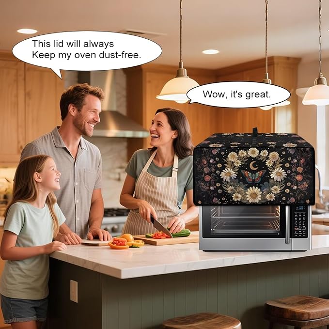 Vintage Daisy Butterfly Moon Print Toaster Oven Cover with Storage Bags Dust Cover for Microwave Oven Polyester-Linen Small Appliance Dust Covers Fits Most Microwaves, L