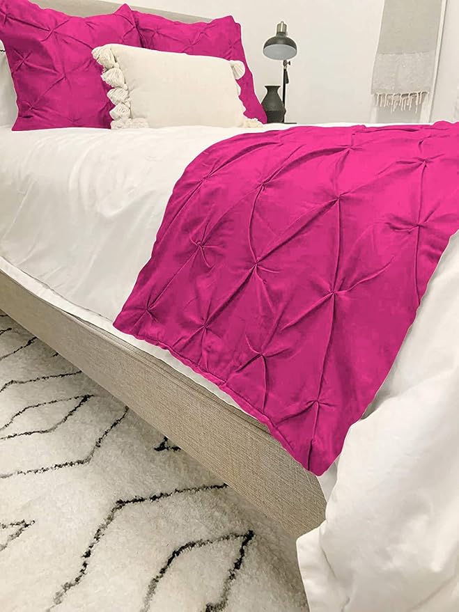 Bed Runner Set - 100% Pure Cotton 800 Thread Count - Luxury 1 Pinch Pleated Bed Runner and 2 Pillow Cover - 3 Piece Pinch Pleated Bed Runner Set King, Hot Pink