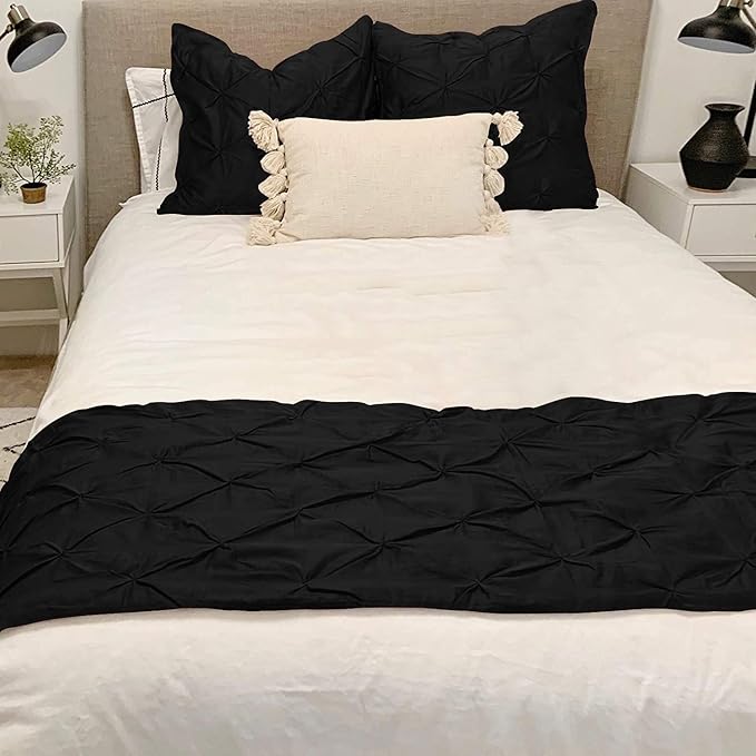 Bed Runner Set - 100% Pure Cotton 800 Thread Count - Luxury 1 Pinch Pleated Bed Runner and 2 Pillow Cover - 3 Piece Pinch Pleated Bed Runner Set California King, Black