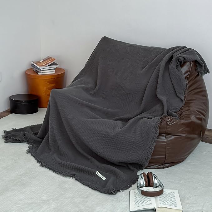 MorroMorn 100% Cotton Muslin Throw Blanket with Fringes 50"x60", 4-Layer Cotton Gauze Blankets for Adults, Boho Bedding Breathable Lightweight Ultra-Soft for Couch Bed Sofa All Seasons, Dark Grey