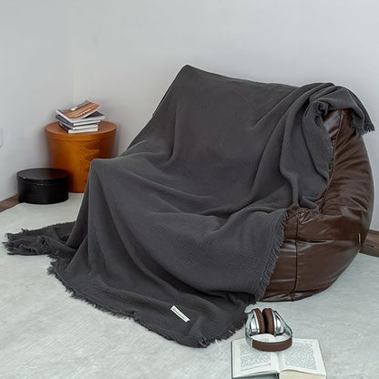 MorroMorn 100% Cotton Muslin Throw Blanket with Fringes 50"x60", 4-Layer Cotton Gauze Blankets for Adults, Boho Bedding Breathable Lightweight Ultra-Soft for Couch Bed Sofa All Seasons, Dark Grey