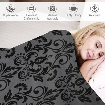 Black Damask Blanket, Antique Victorian Style Gothic Vintage Black Floral Bohemian Exotic Print Blanket for Sofa Bed Decor Fuzzy Blanket Twin, 30"x40"