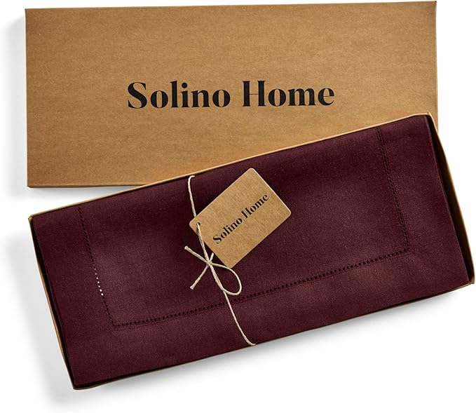 Solino Home Linen Table Runner 36 Inches - 100% Pure Linen Burgundy Hemstitch Table Runner 14 x 36 Inch Ideal for Dresser and Coffee Tables - Winter, Holiday, Christmas - Classic Hemstitch
