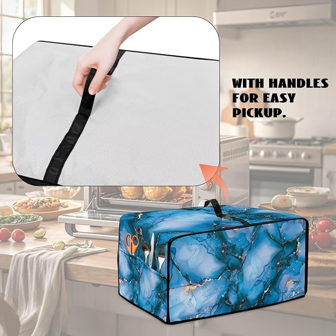 Toaster Oven Dust Cover with Storage Pockets, Dust Protection Smart Oven Cover for Kitchen Countertop Home Decor, L, 18.5 x 22.5 x 13 Inches, Blue Gold Marble