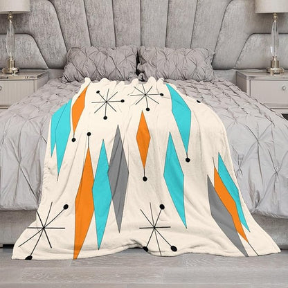 Mid Century Flannel Throw Blankets, Mid Century Modern Geometric Atomic Shapes Orange Retro Style Boho Print Blanket for Bed Couch Sofa Fuzzy Tv Throws 30"x40"