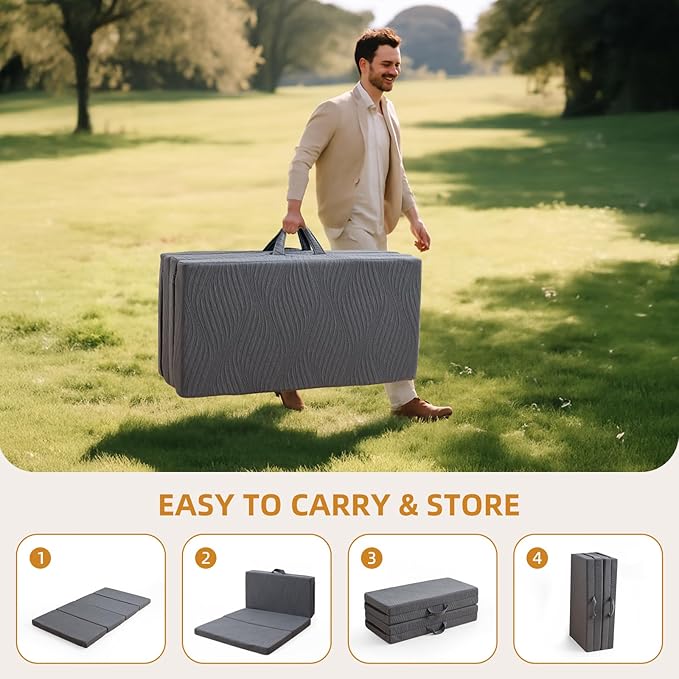 Foldable Memory Foam Mattress - 3 Inch Twin Waterproof Collapsible Mattress with Washable Cover, Portable Guest Bed Pad, Sleeping Mat for Travel RV Camping Yoga, Non-Slip Bottom,75"x38"x3"