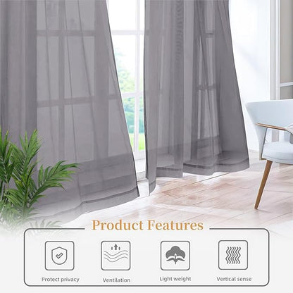 Sheer Curtains 45 Inches Long 2 Panels, Rod Pocket Short Curtain for Kitchen, Bedroom, Cafe Window(Grey 38" W x 45" L)