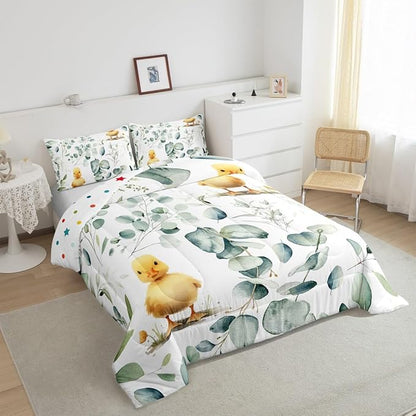 Erosebridal Kids Cute Animal Bedding Queen Size for Girls Boys Cartoon Duck Comforter Set Queen, Spring Eucalyptus Duvet Insert Leaves Quilt Set, Kawaii Farm Animal Bedding Comforters & Sets