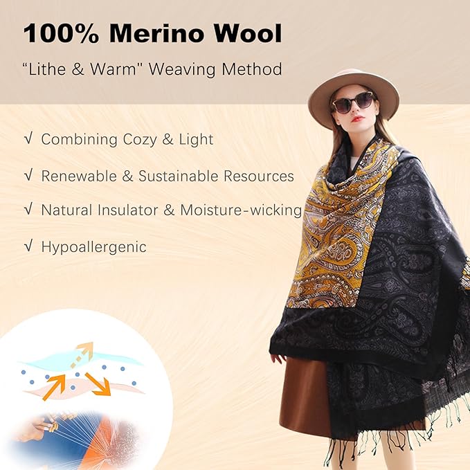 DANA XU 100% Merino Wool Extra Large Pashmina Blanket Travel Scarf Cashmere Wrap for Women Fall Winter Oversize Shawl Floral