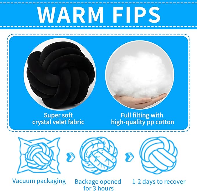 Knot Ball Pillows, Round Throw Pillow Cushion Home Decoration Soft Plush Pillow, Throw Knotted Ball Pillow Handmade Children Room Decoration Round Plush Toy Pillow (Black,8.5"/22cm)