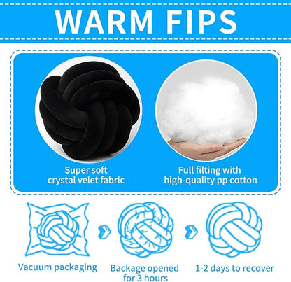 Knot Ball Pillows, Round Throw Pillow Cushion Home Decoration Soft Plush Pillow, Throw Knotted Ball Pillow Handmade Children Room Decoration Round Plush Toy Pillow (Black,8.5"/22cm)