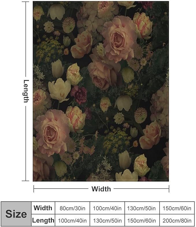 Black Floral Blanket, Rustic Watercolor Botanical Rose Peony Vintage Leaves Plant Boho Gothic Print Throw Blankets for Bed Living Room Bedding Couch Soft Decor, 60"x80"