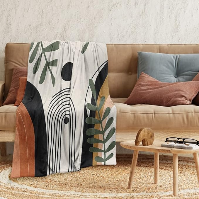Abstract Modern Throw Blanket Boho Minimalist Mid Century Sun Aesthetic Soft Warm Bed Bedding Women Blankets for Couch Bedroom Sofa Office Cozy Flannel Blanket Orange Beige Black,70"X80"
