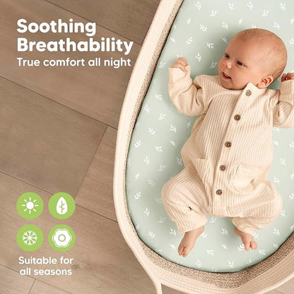 2-Pack Organic Bassinet Sheets for Girls, Boys - 100% Cotton Bassinet Mattress Sheets Compatible with Halo Bassinest Swivel Sleeper, Graco, Baby Delight, Chicco, Unisex Fitted Bassinet Sheets (Herb)