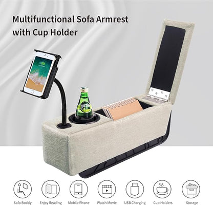 Multifunctional Couch Armrest, Sofa Armrest with Cup Holder, Removable Sofa Caddy with Storage,Equipped with LED Reading Light&Wireless Charge Stand,Almond