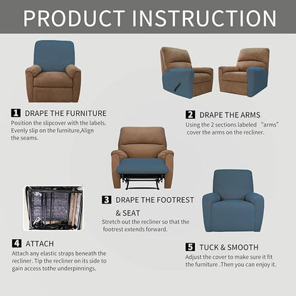 Easy-Going 4 Pieces Oversized Recliner Stretch Sofa Slipcover Sofa Cover Furniture Protector Couch Soft with Elastic Bottom Polyester Spandex Jacquard Fabric Small Checks Bluestone,X-Large
