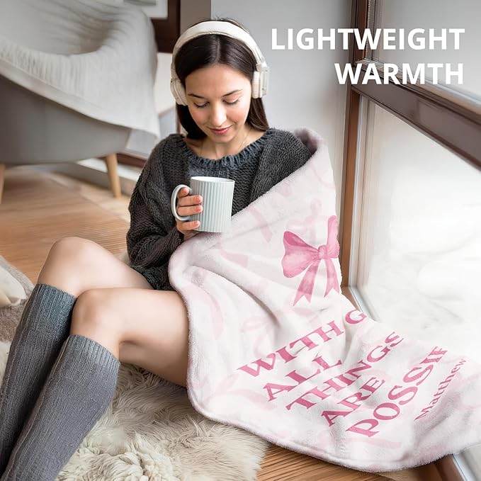 Coquette Pink Bow Christian Blanket, with God All Things are Possible Bible Verse Inspirational Throw Blankets for Girly Room Bedroom Dorm Couch Bed Decor, Preppy Religious Blanket, 50x60 Inch