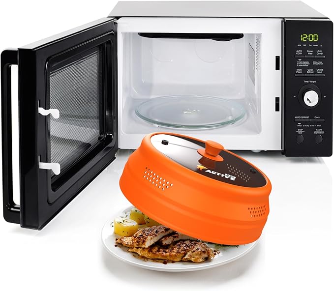 Collapsible Microwave Cover for Food - Silicone and Glass Splatter Guard Lid for 6-12 inch Plates & Bowls, Dishwasher Safe, Heat Resistant, BPA-Free, Orange