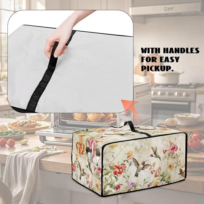 Convection Toaster Oven Cover Decorative Dustproof Convection Microwave Oven Cover with Storage Pockets for Kitchen Countertop, S, 14.5 x 18.5 x 9 Inches, Retro Hummingbird Floral