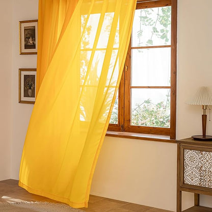 MAIHER Pinch Pleat Sheer Gold Curtains 84 Inches Long for Bedroom Light Filtering Soft Touch Lightweight Golden Yellow Pleated Drapes with Adjustable Hooks(No Rings), Gold, 42" W x 84" L, 2 Panels