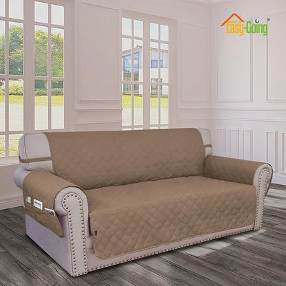Easy-Going Waterproof Oversized Loveseat Covers Leakproof Couch Cover for 2 Cushion Couch Sofa Cover Washable Sofa Slipcover Non-Slip Furniture Protector with Pocket for Pets (Medium-XL, Camel)