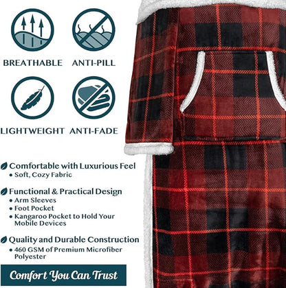 PAVILIA Sherpa Blanket with Sleeves, Foot Pocket for Women Men Adults, Thick Wearable Blanket Throw Wrap, Fleece Warm Snuggle Blanket Robe, Cozy Gift Ideas Wife Mom, Plaid Red